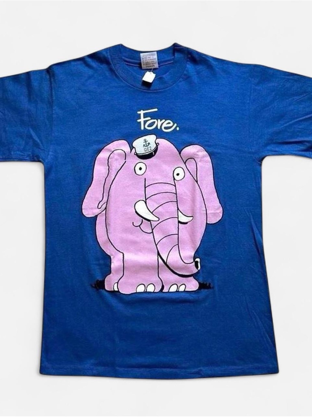 Vintage Blue Boating Tee with Pink Elephant Graphic - "Fore." Medium